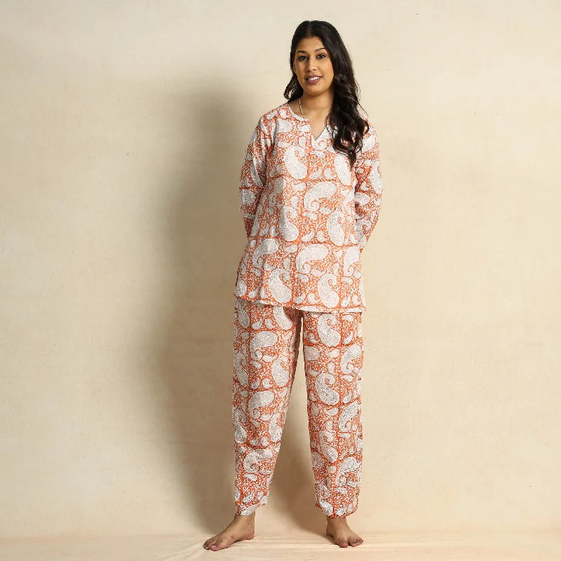 Orange - Hand Block Printed Cotton Night Suit