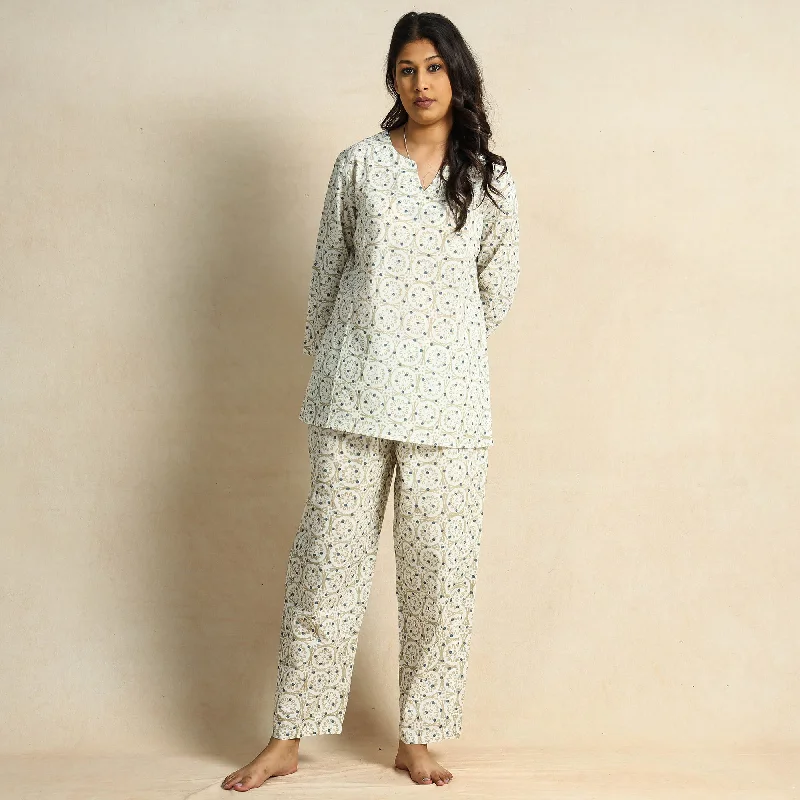 White - Hand Block Printed Cotton Night Suit