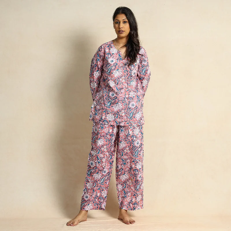 Pink - Hand Block Printed Cotton Night Suit