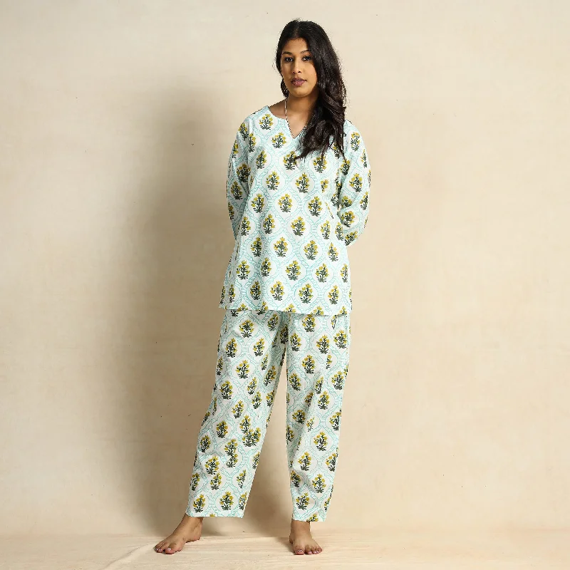 Blue - Hand Block Printed Cotton Night Suit