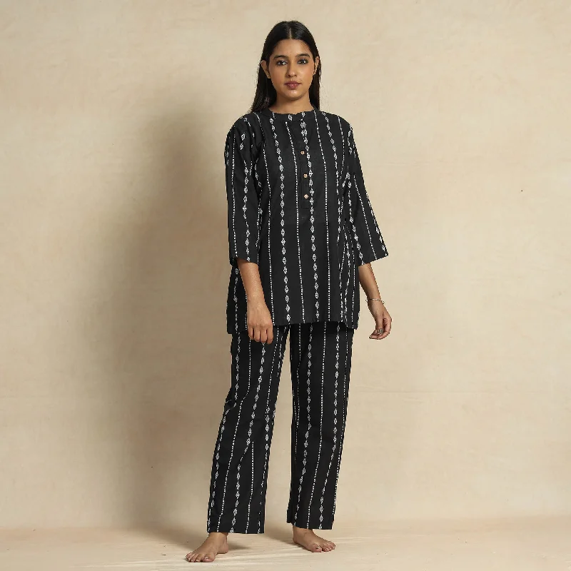 Black Jacquard Cotton Top & Pyjama Night Suit Set