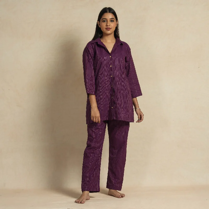 Dark Purple Jacquard Cotton Top & Pyjama Night Suit Set