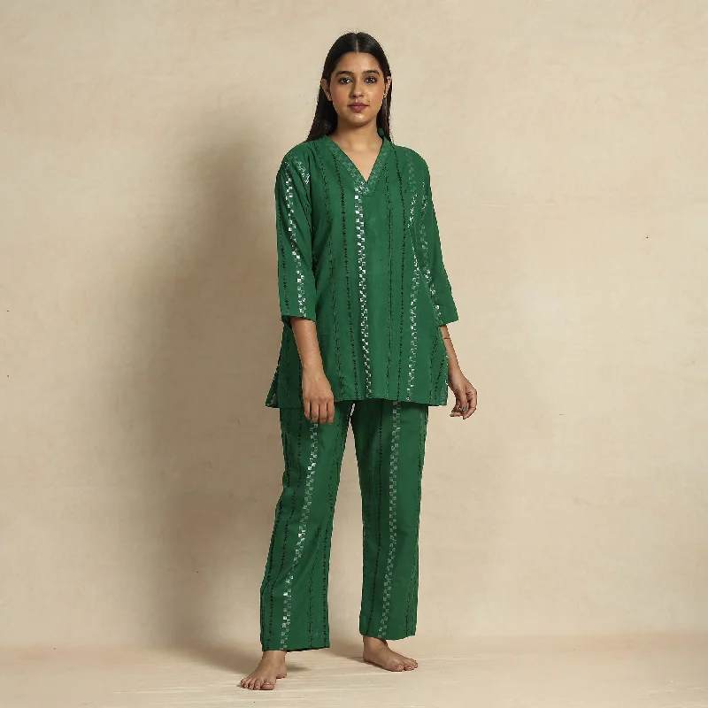 Dark Green Jacquard Cotton Top & Pyjama Night Suit Set