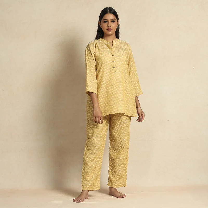 Yellow - Jacquard Cotton Top & Pyjama Night Suit Set