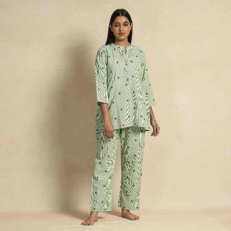 Ligth Green Jacquard Cotton Top & Pyjama Night Suit Set