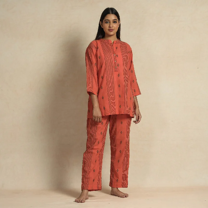 Salmon Orange Jacquard Cotton Top & Pyjama Night Suit Set