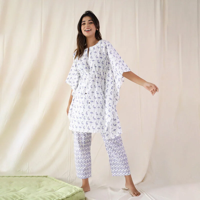 Cotton Kaftan Set | Flamingo Print | White