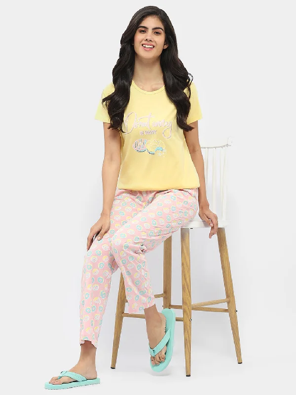 Msecret Graphic Print Yellow and Pink Night Suit