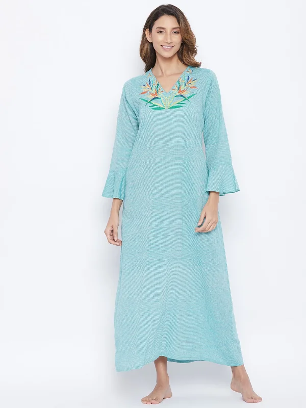 Aqua Mangalgiri Cotton Embroidered Nightdress