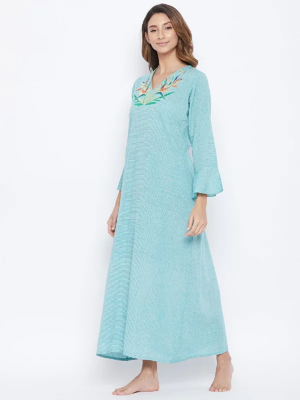 Aqua Mangalgiri Cotton Embroidered Nightdress