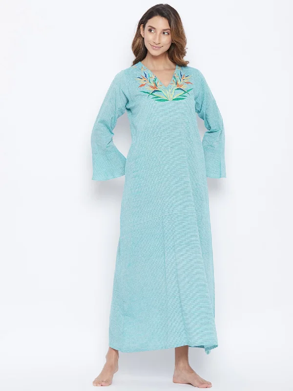 Aqua Mangalgiri Cotton Embroidered Nightdress