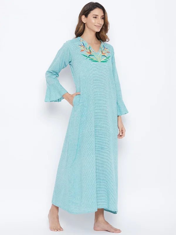 Aqua Mangalgiri Cotton Embroidered Nightdress