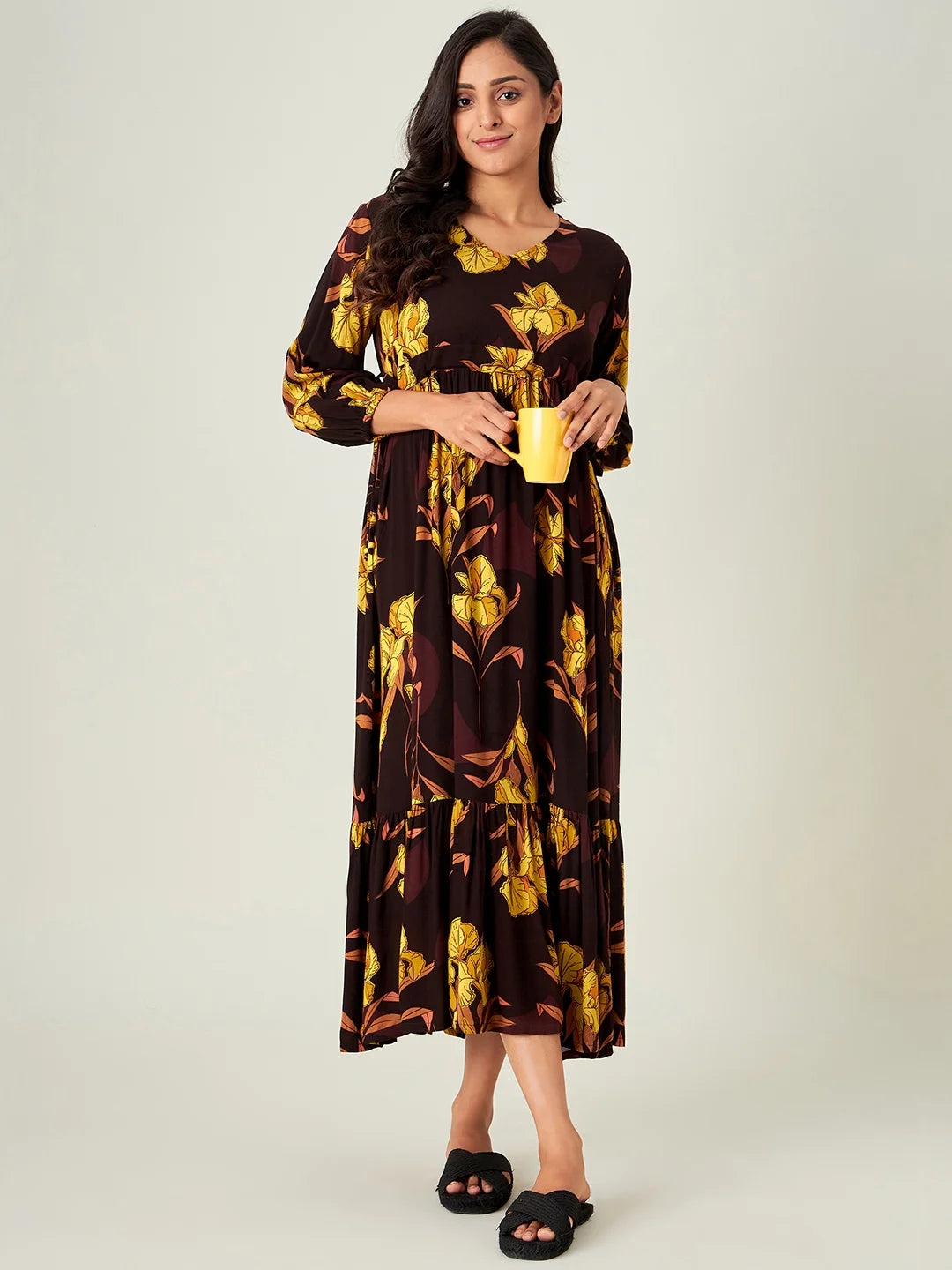 Brown Tulips Gathered Nightdress (Final Sale)