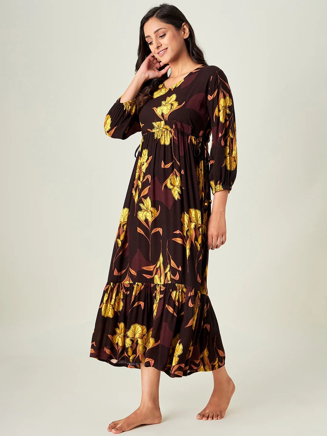 Brown Tulips Gathered Nightdress (Final Sale)