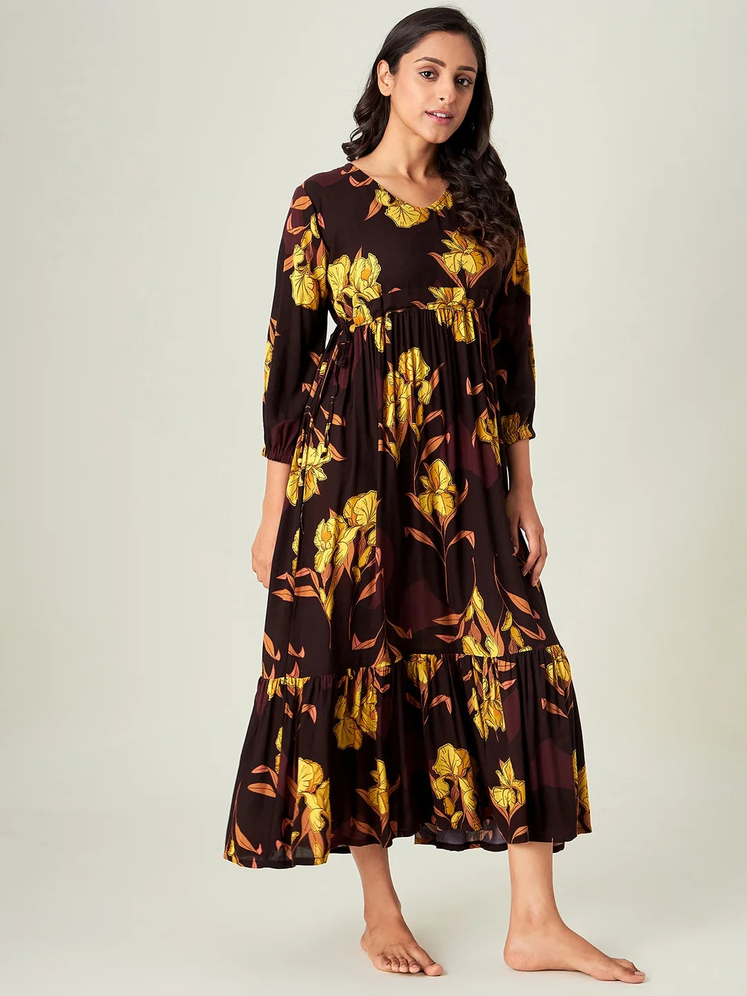 Brown Tulips Gathered Nightdress (Final Sale)