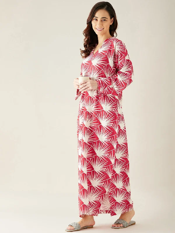 Red Tropical Printed Linen Lounge Dress