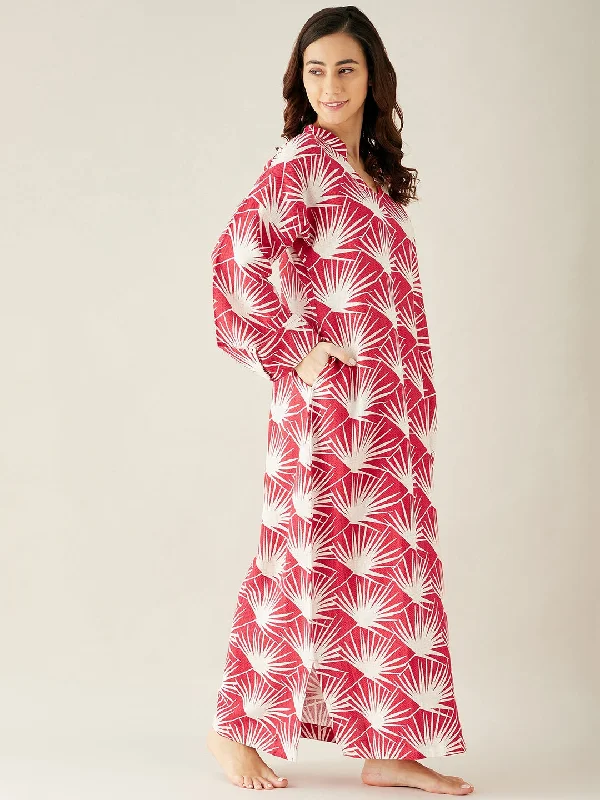 Red Tropical Printed Linen Lounge Dress