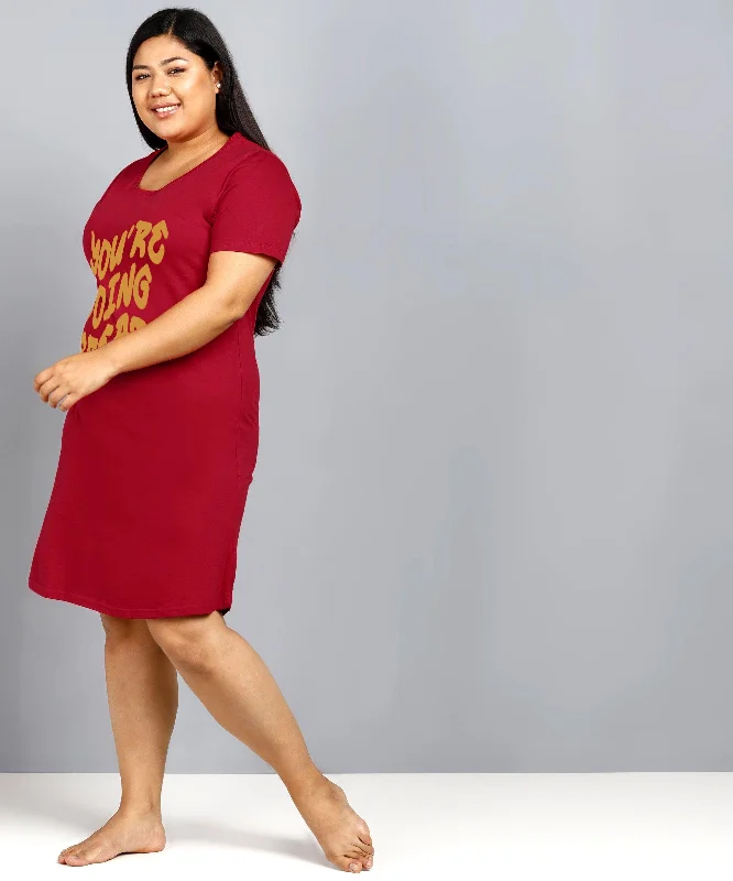 Womens Plus Size Printed Nighty (Maroon)