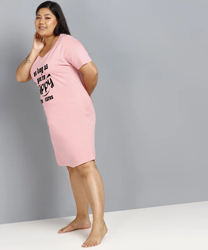 Womens Plus Size Printed Nighty (Pink)