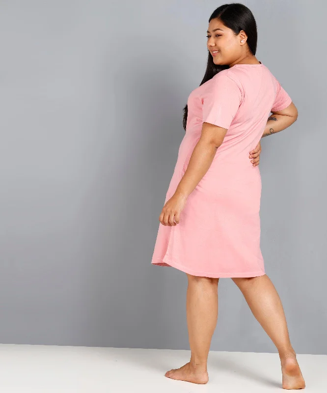 Womens Solid Plus Size Night Dress (Pink)