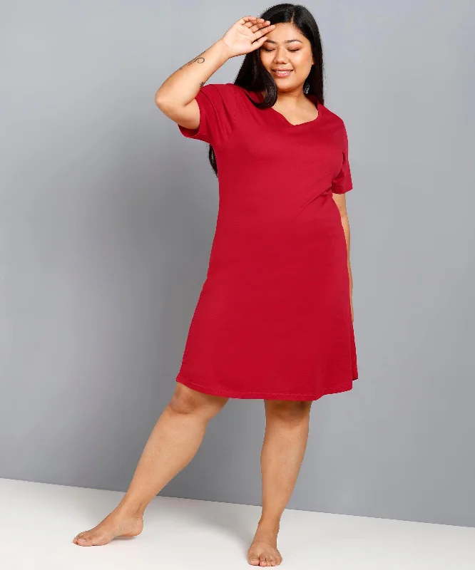 Womens Solid Plus Size Night Dress (Maroon)