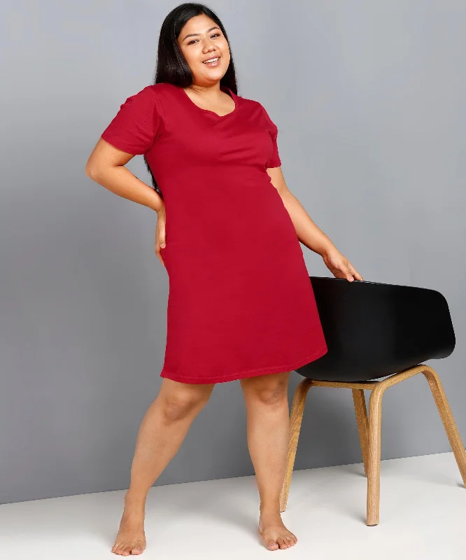 Womens Solid Plus Size Night Dress (Maroon)