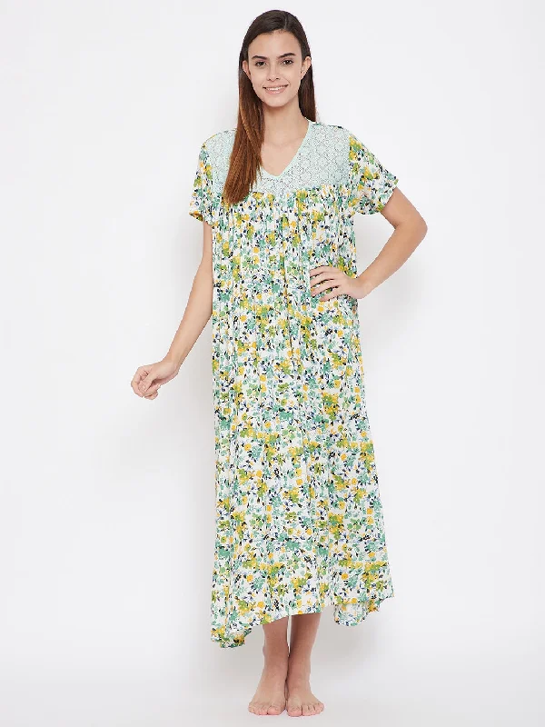 Green And Yellow Floral Print Nighty - (Clearance - Final Sale)