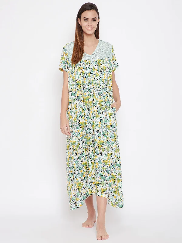 Green And Yellow Floral Print Nighty - (Clearance - Final Sale)