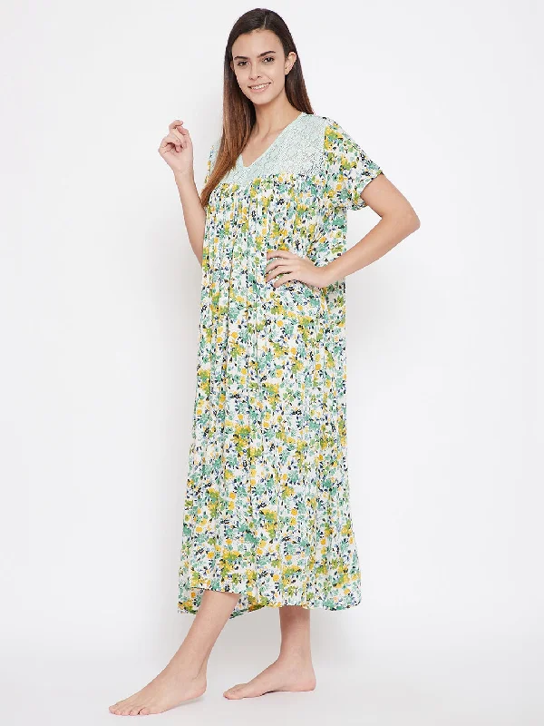 Green And Yellow Floral Print Nighty - (Clearance - Final Sale)