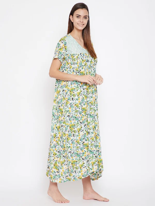 Green And Yellow Floral Print Nighty - (Clearance - Final Sale)