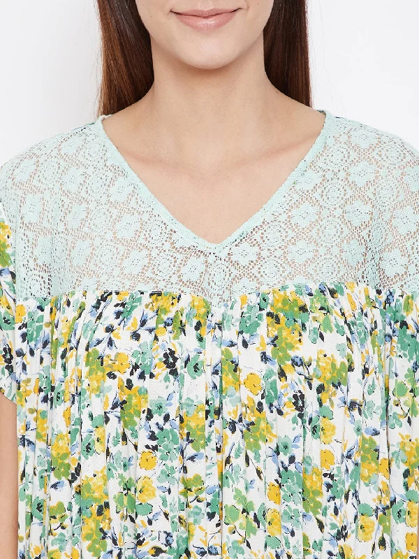 Green And Yellow Floral Print Nighty - (Clearance - Final Sale)