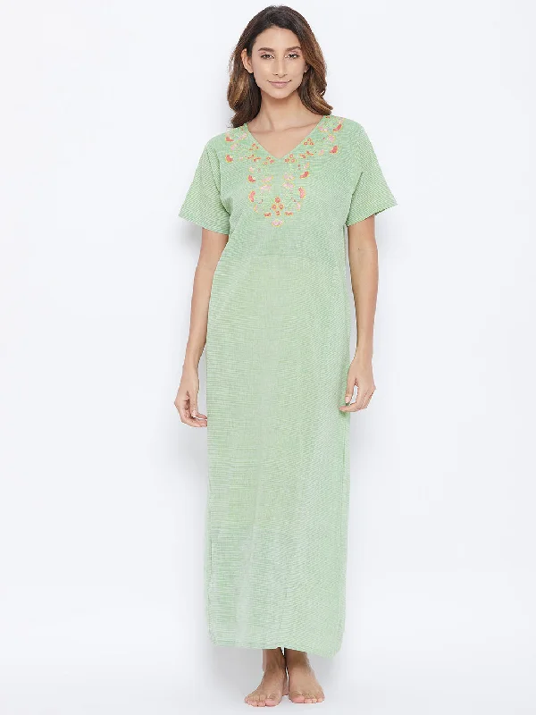 Green Managalgiri Cotton Embroidered Nightdress