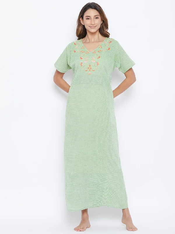 Green Managalgiri Cotton Embroidered Nightdress