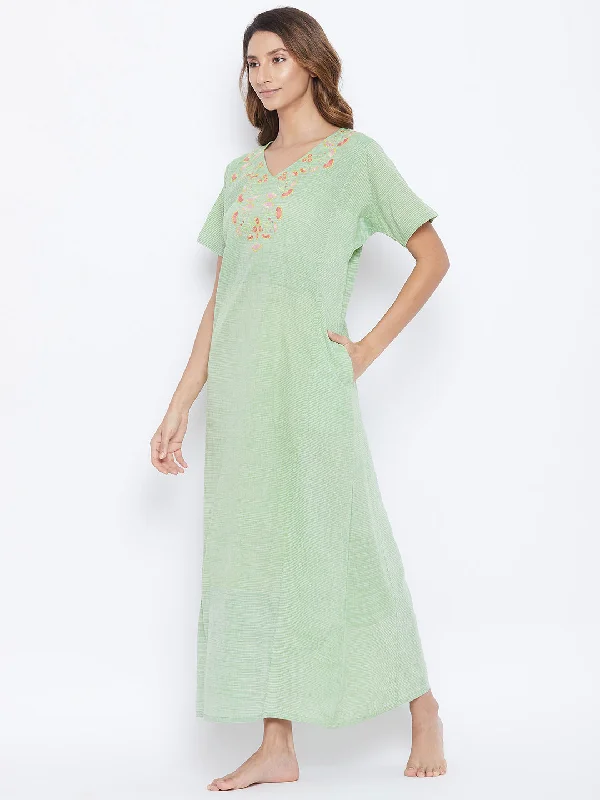 Green Managalgiri Cotton Embroidered Nightdress