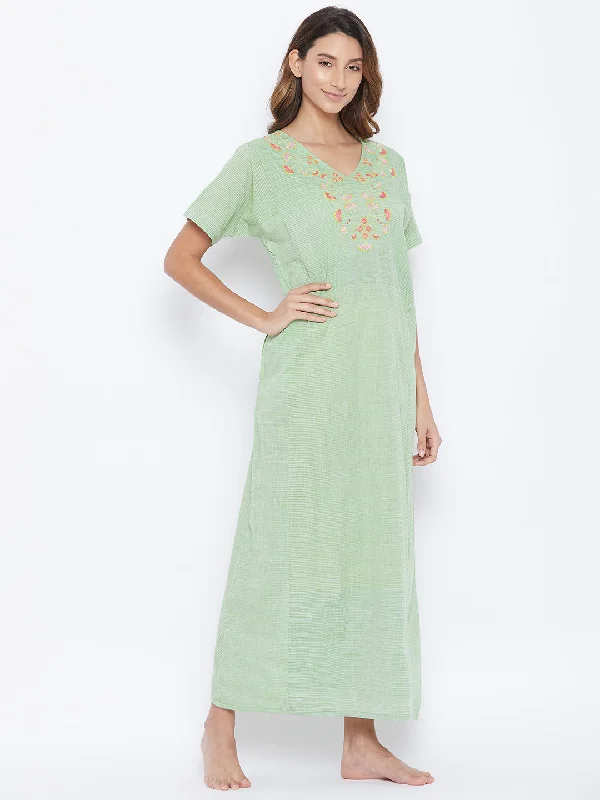 Green Managalgiri Cotton Embroidered Nightdress