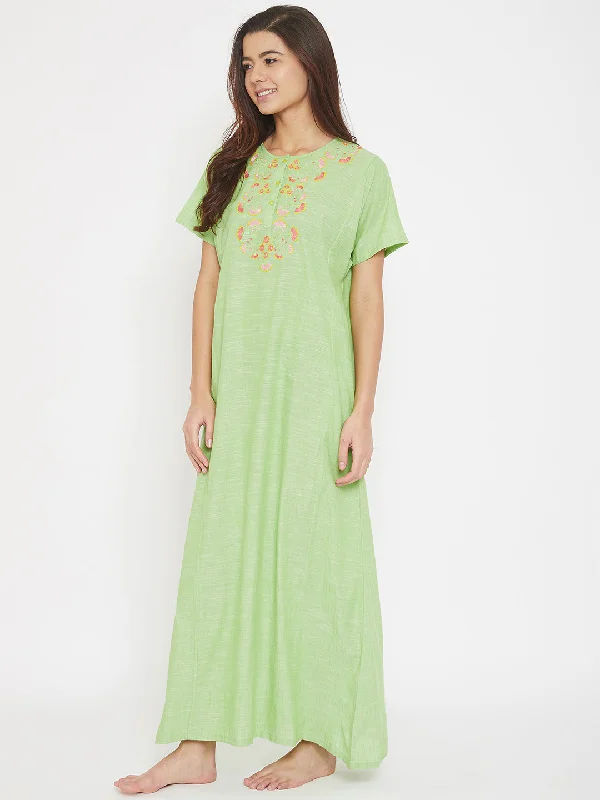 Mangalgiri Cotton Emboidered Round Neck Nighty with Placket