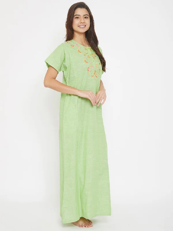 Mangalgiri Cotton Emboidered Round Neck Nighty with Placket