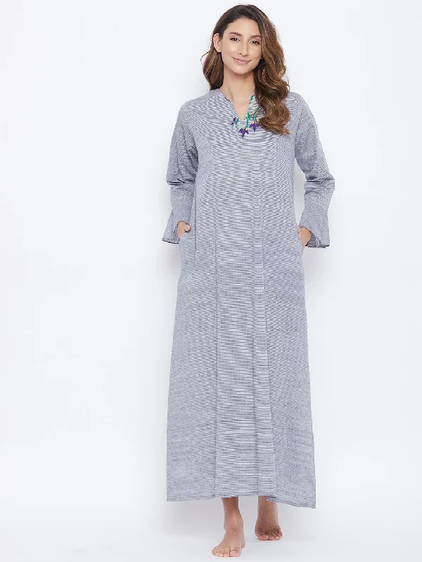 Grey Mangalgiri Cotton Embroidered Neckline Nightdress