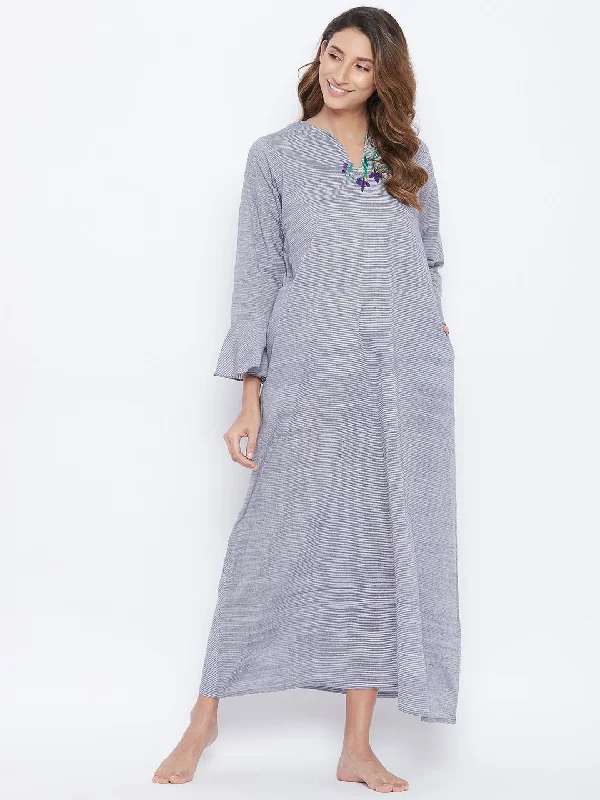 Grey Mangalgiri Cotton Embroidered Neckline Nightdress