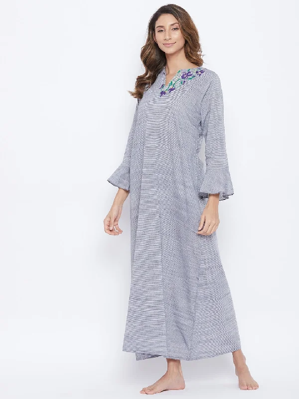 Grey Mangalgiri Cotton Embroidered Neckline Nightdress