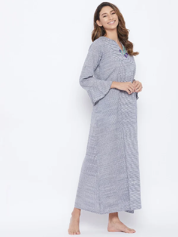 Grey Mangalgiri Cotton Embroidered Neckline Nightdress