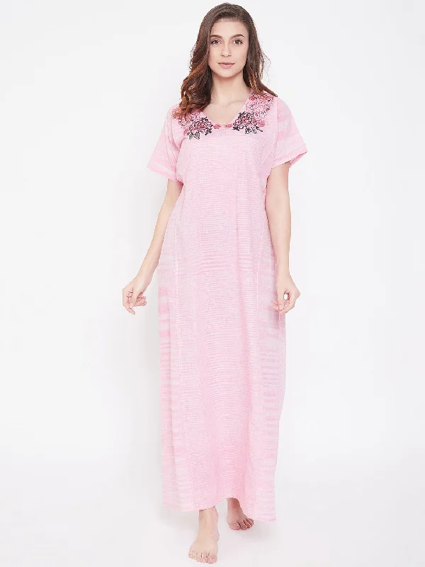 Pastel Rose Cotton Nightdress with Embroidered Neckline (Final Sale)