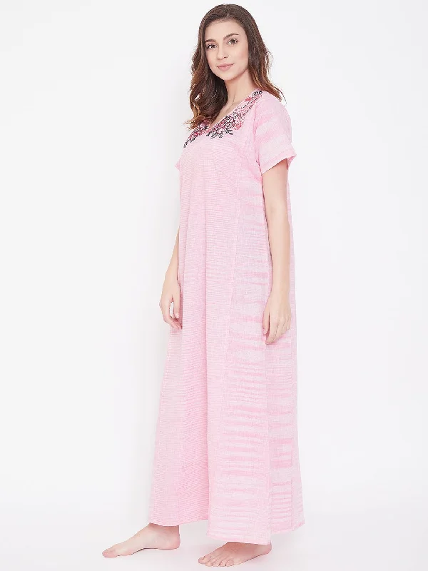 Pastel Rose Cotton Nightdress with Embroidered Neckline (Final Sale)