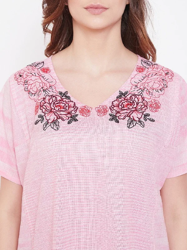 Pastel Rose Cotton Nightdress with Embroidered Neckline (Final Sale)