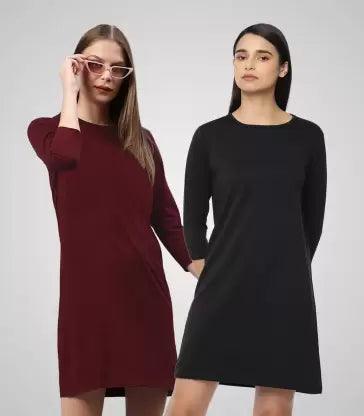 Women Night Dress 3/4 Sleeve Combo  (Black, Maroon)