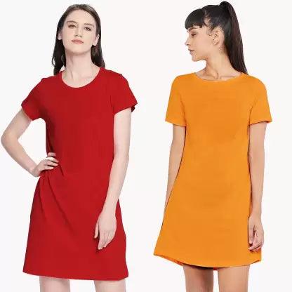 Women Night Dress Half Sleeve Combo  (Red, Yellow)