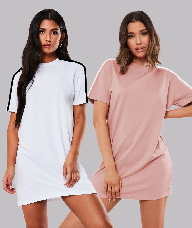 Women Sleeve striped Night Dress - Knee Length Combo(WHITE & PINK)