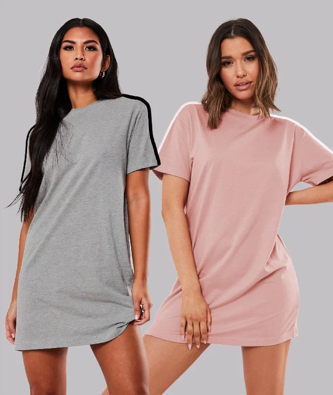 Women Sleeve striped Night Dress - Knee Length Combo (GREY&PINK)