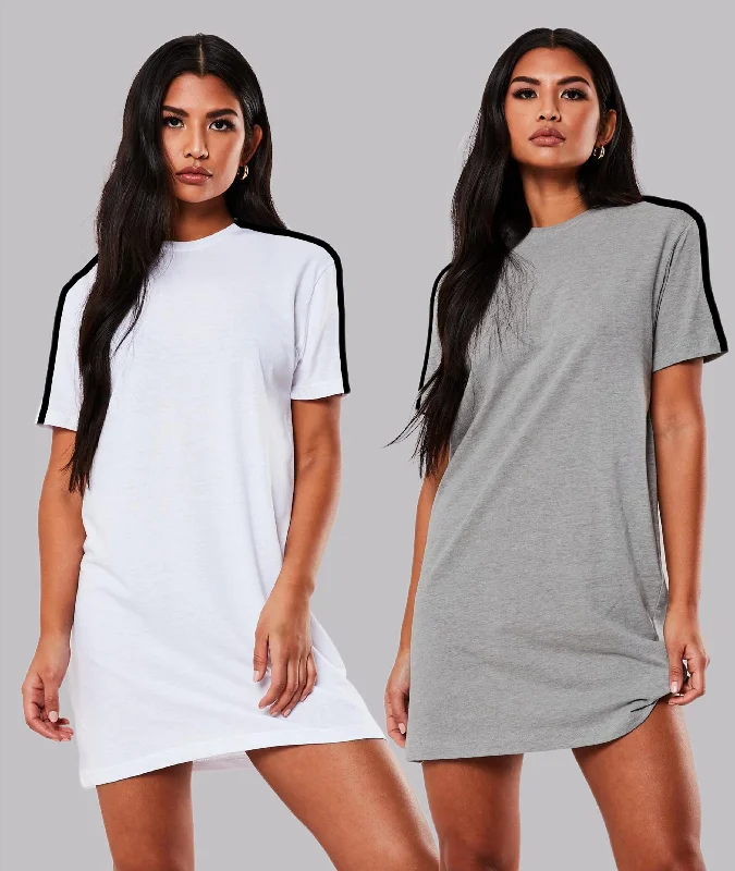 Women Sleeve striped Night Dress - Knee Length Combo (WHITE & GREY)