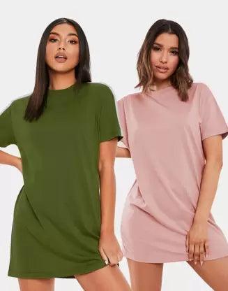 Women Sleeve striped Night Dress - Knee Length Combo (PINK&OLIVE)